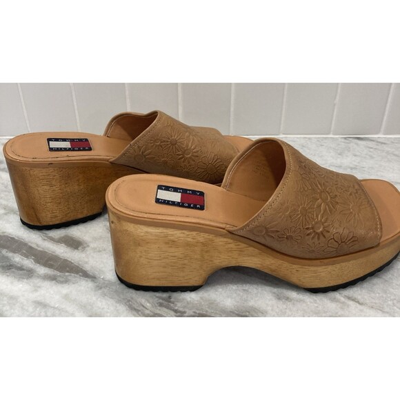 Vtg Y2K Tommy Hilfiger Platform Wooden Sandals Chunky Heel 7 Floral Hippie Boho - Picture 3 of 16